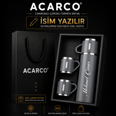 Acarco Kişiye Özel 3 Bardaklı Çantalı Termos - Gri 