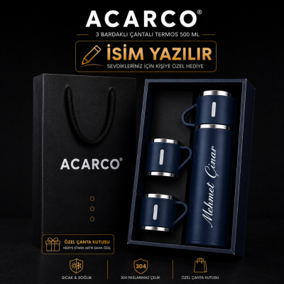 Acarco Kişiye Özel 3 Bardaklı Çantalı Termos - Lacivert