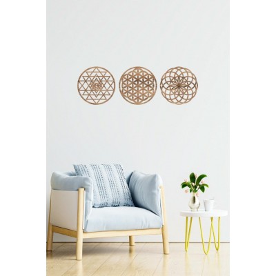 Ahşap Yaşam Çiçeği Sri Yantra Torus Nefesi Üçlü Dekoratif Tablo Duvar Süsü Ev Hediyesi CEVİZ 