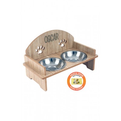 Ahşap Özel İsim Baskılı, Oval Kedi Köpek Mama Su Kabı Standı, Metal Suluk, Kedi Köpek Halısı