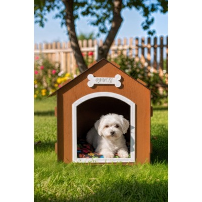 Ahşap Özel İsim Baskılı Dekoratif Köpek Evi-Kulübesi, Küçük Irk Köpekler İçin Kulübe, Köpek Kulübesi 
