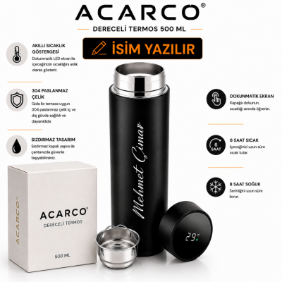 Acarco Kişiye Özel Dereceli Termos 500 ml -Siyah