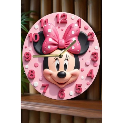 Minnie Mouse Temalı Pembe MDF Duvar Saati – 3D Görünümlü, Sessiz Mekanizmalı, 2D HD Baskı