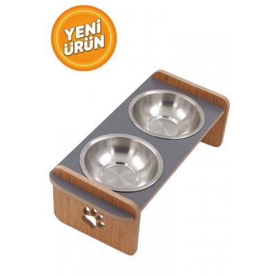 Paslanmaz Çelik Kaseli Ahşap Kedi Köpek Mama Ve Su Kabı Gri