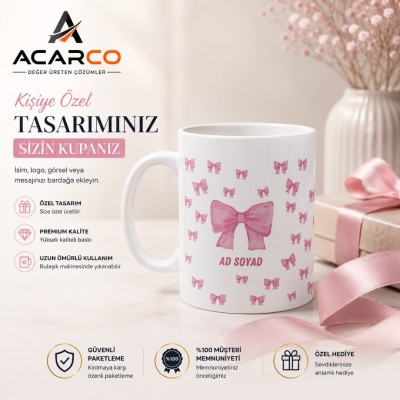 Pembe Kurdele Detaylı Kişiselleştirilebilir Özel Baskılı Kupa Bardak