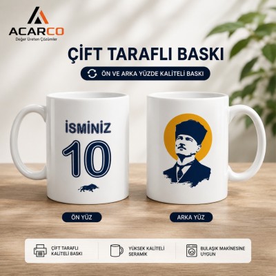 Sarı Lacivert Atatürk Tasarımlı Forma İsimli Kişiye Özel Baskılı Hediye Kupa Bardak