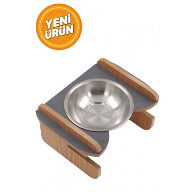 Yüksekliği Ayarlanabilir Ahşap Standlı Mama Kabı Gri