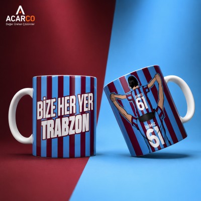 Bize Her Yer Trabzon Baba Oğul Bordo Mavi Taraftar Tasarımlı Kişiye Özel Baskılı Hediye Kupa Bardak